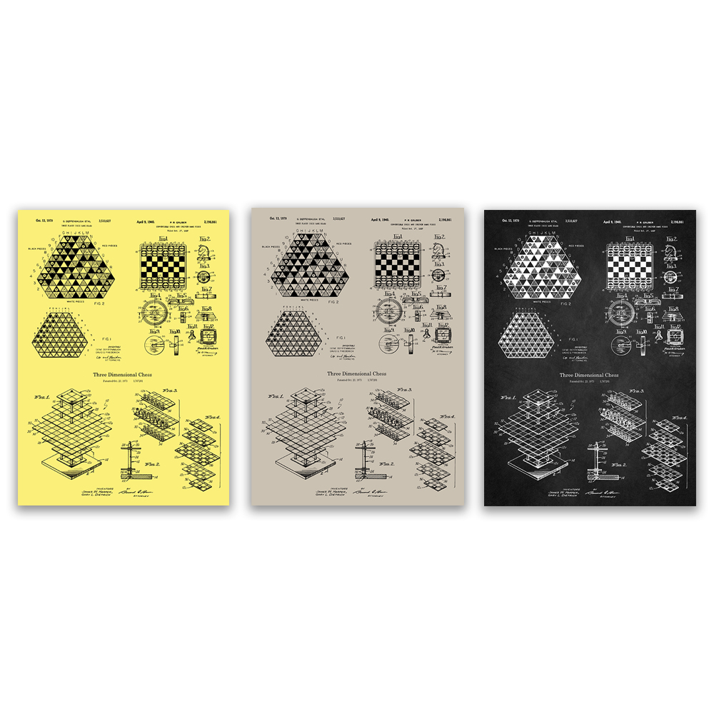 Board Game For 3 Players - 3-Spieler-Schach, Schachbrett-Blütenblatt-Poster, US-Patentgrafik, Schachbrettdruck, Brettspiel-Raumdekoration, Brettspiel-Geschenk
