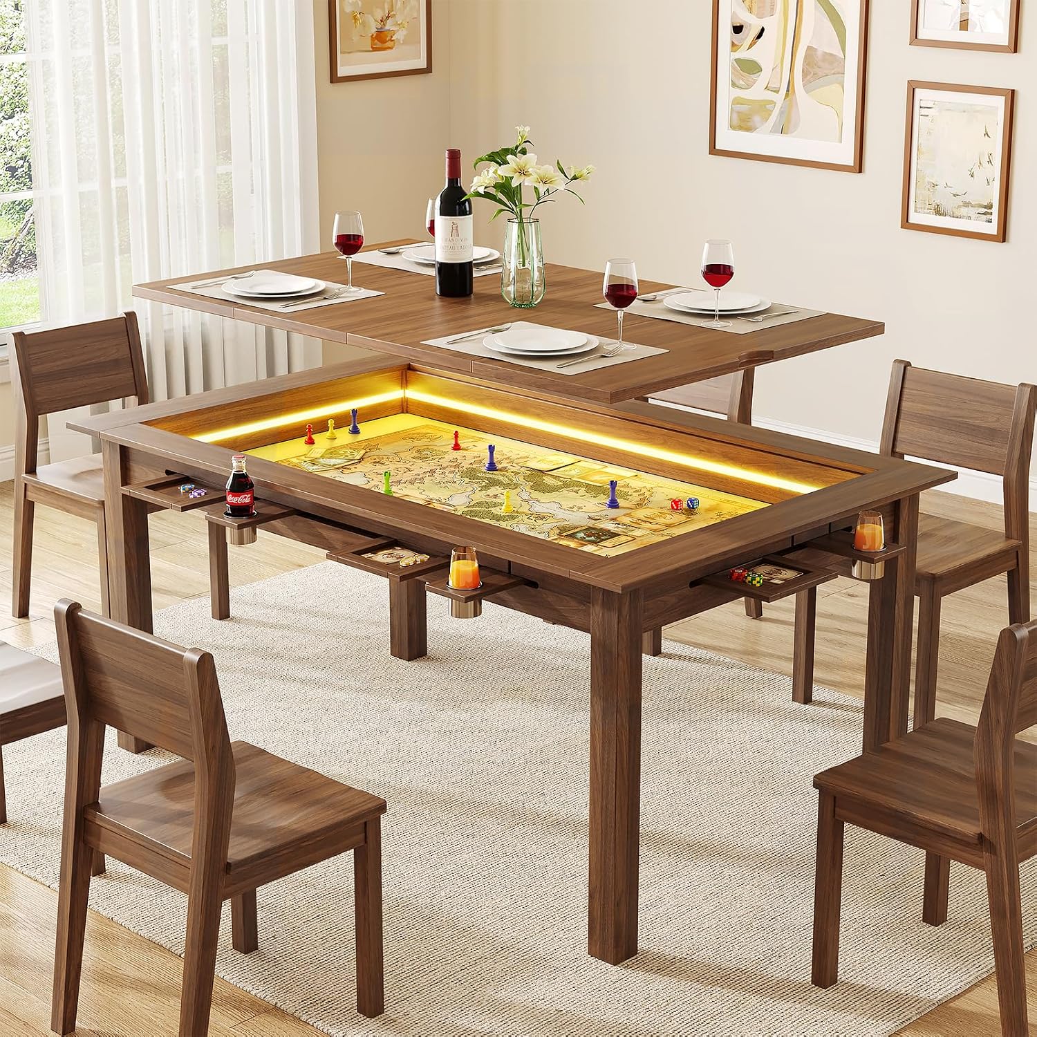 Board Game Yahtzee - Walnuss-Brettspiel-Tisch mit RGB-LED-Beleuchtung, abnehmbarer Tischplatte, Esstisch